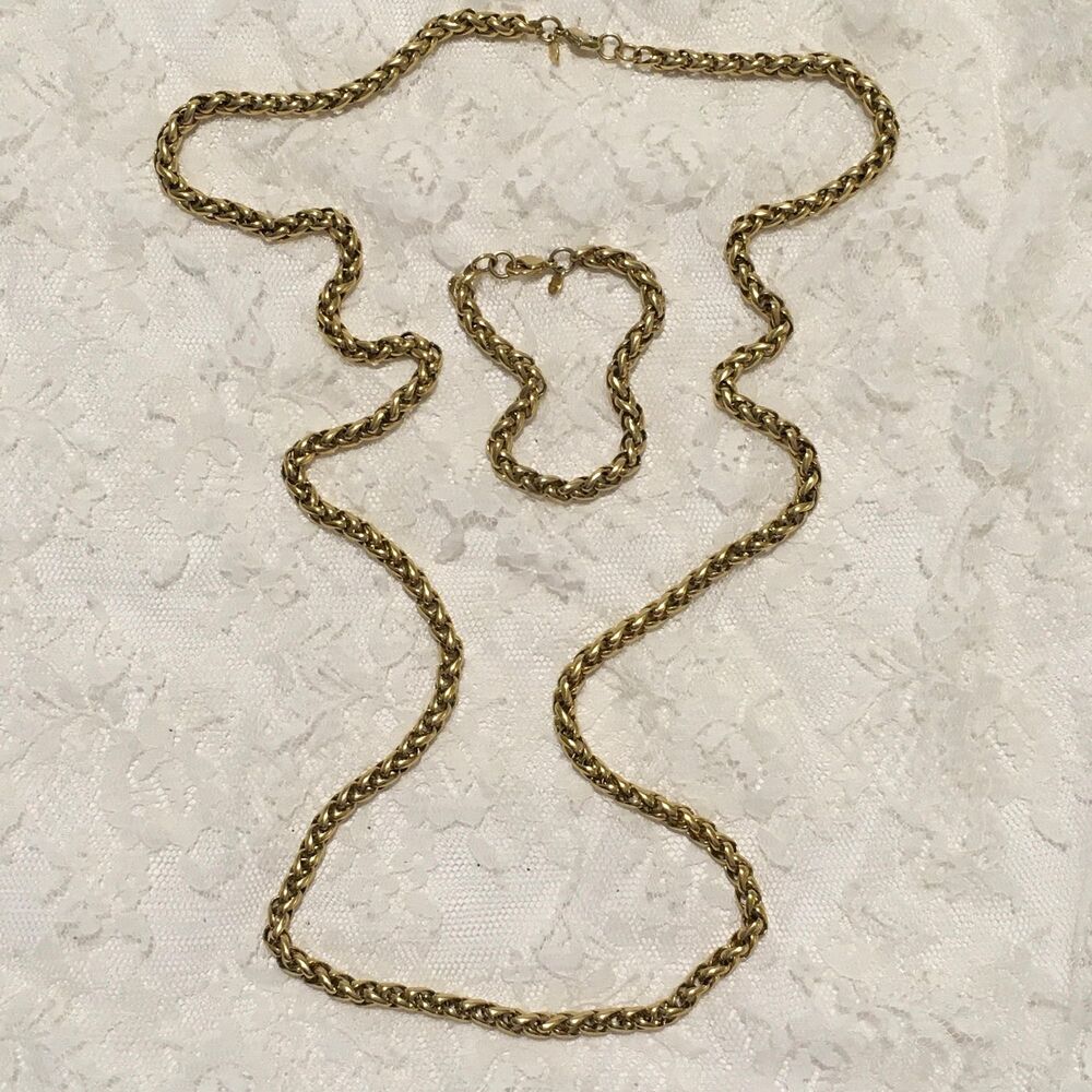 Vintage Gold Tone Wheat Chain Necklace and Bracelet by Monet, Long Rope Chain